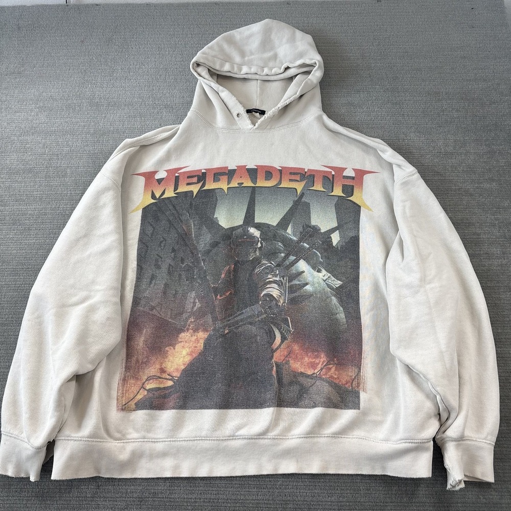 R13 Hoodie Pullover Sweater Men L Beige Megadeth Metal Rock Grunge Thrashed